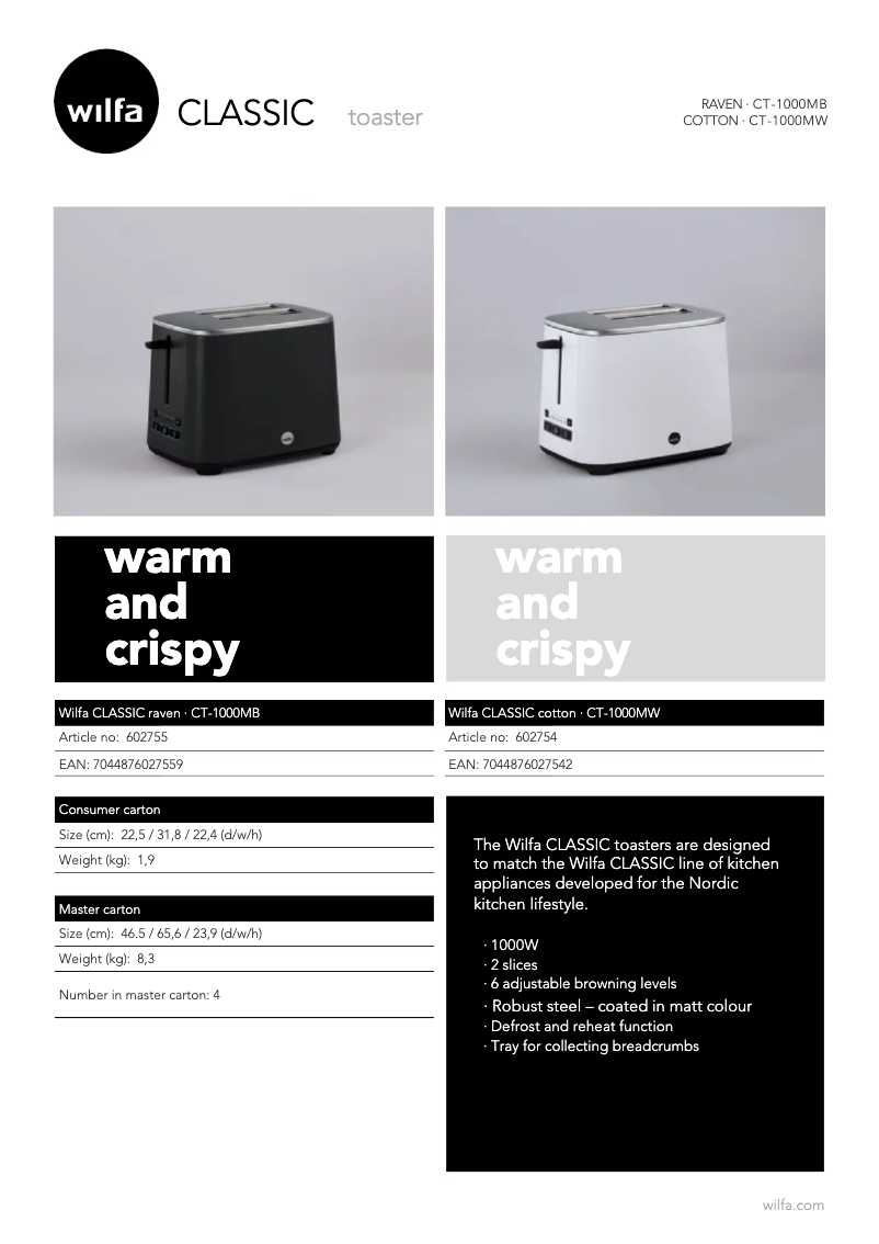 Page 1 of the manual Technical Sheet Wilfa Classic CT-1000MW