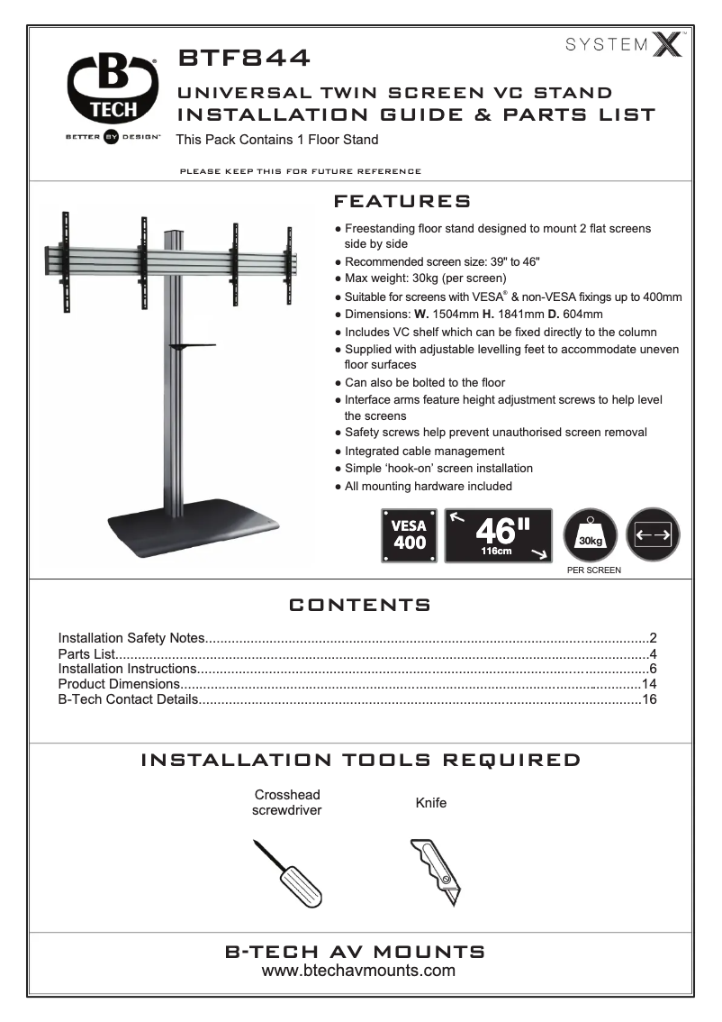 Page 1 de la notice Guide d'installation B-Tech BTF844