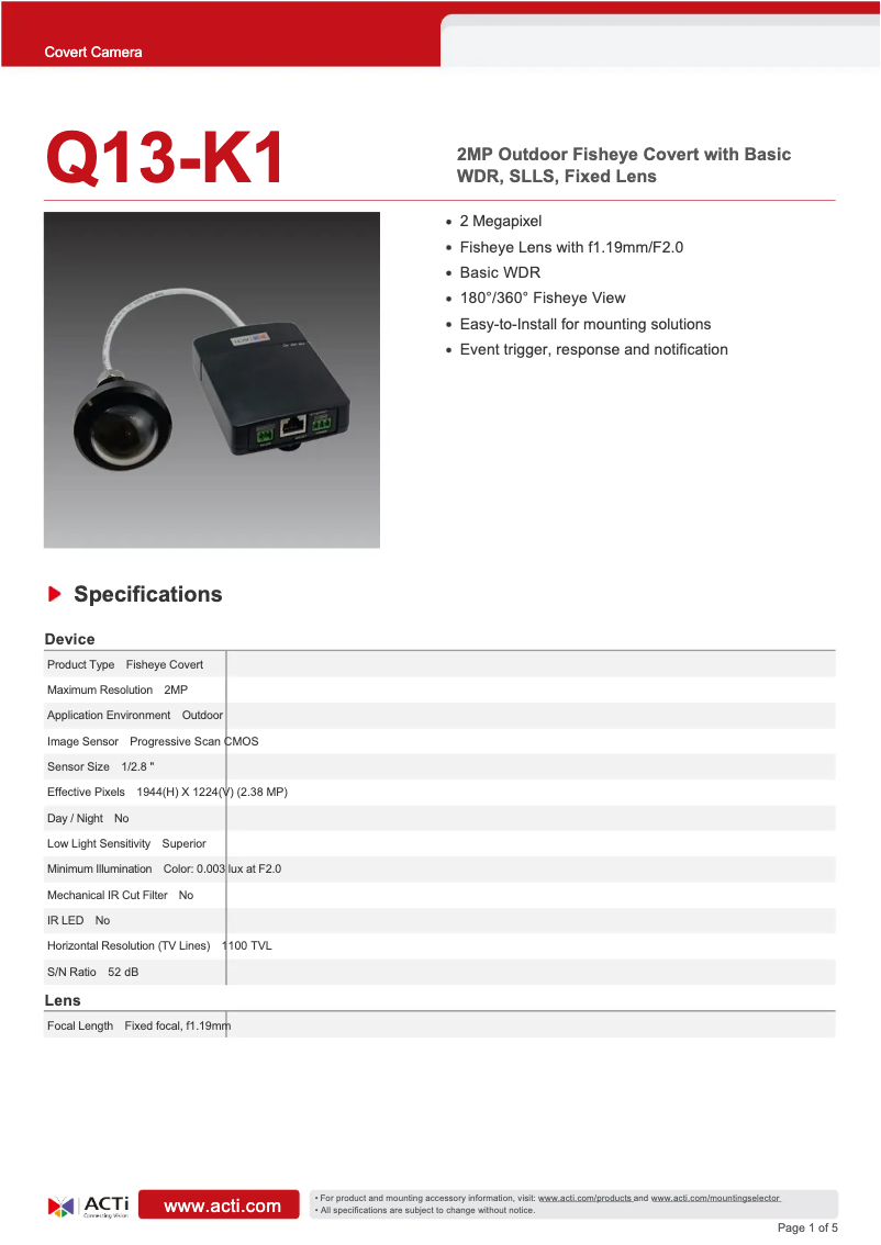 Página 1 del manual Ficha técnica ACTi Q13-K1
