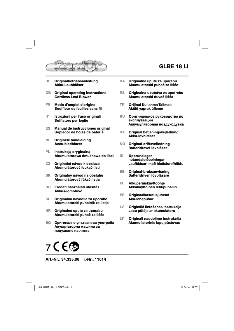 Page 1 de la notice Manuel utilisateur Gardol GLBE 18 Li