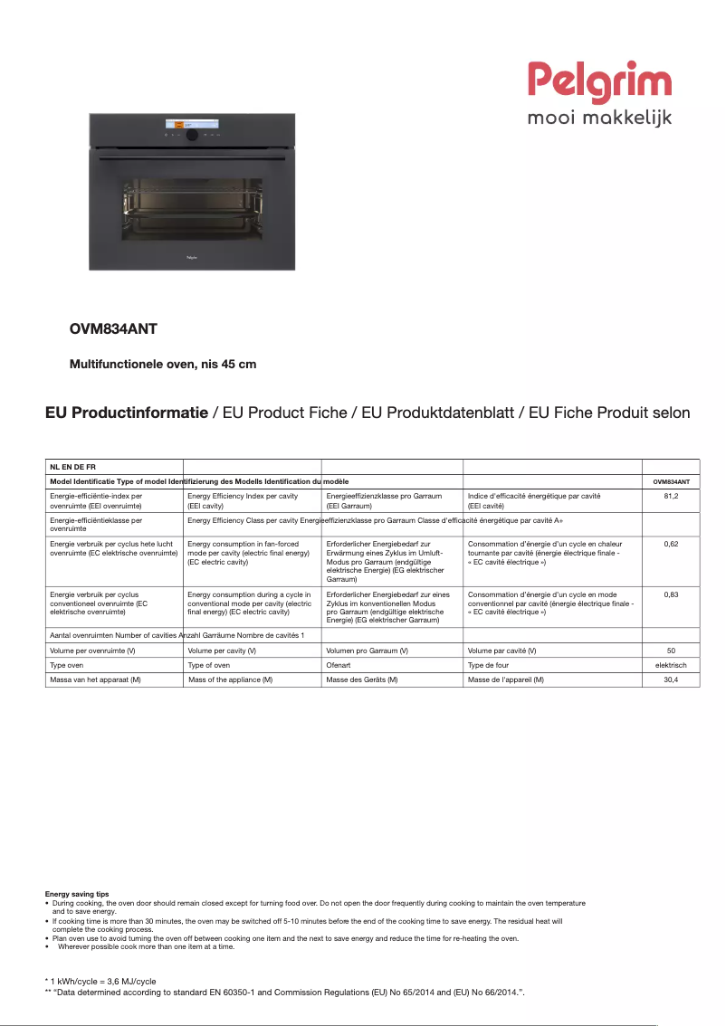Page 1 de la notice Fiche technique Pelgrim OVM834ANT