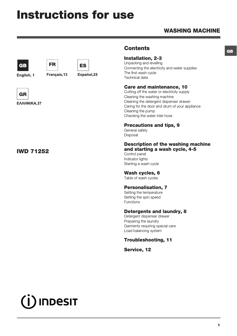 Página 1 del manual Manual de usuario Indesit IWD 71252 C ECO EU.T