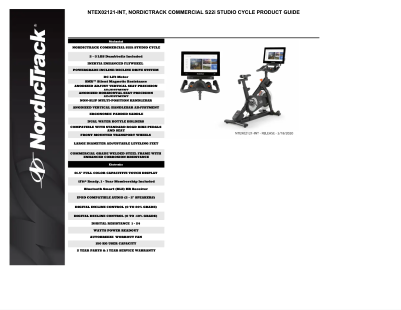 Page 1 de la notice Fiche technique NordicTrack Commercial S22i Studio Cycle