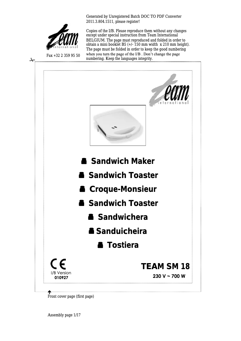 Page 1 de la notice Manuel utilisateur Team SM 18