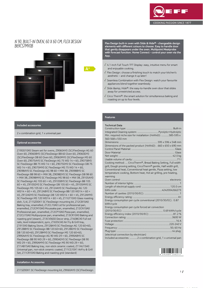 Page 1 of the manual Technical Sheet Neff B69CS7MY0B