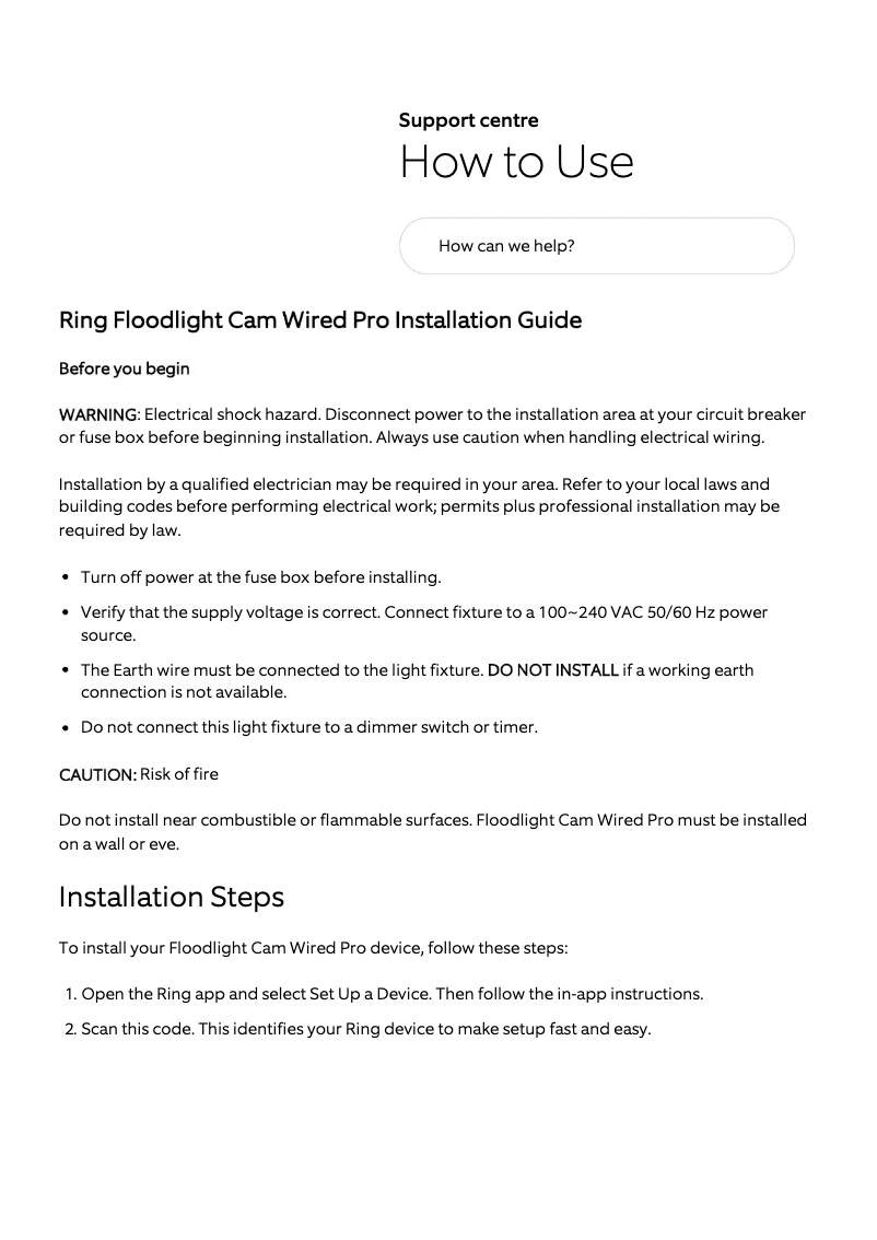 Page 1 de la notice Manuel utilisateur Ring Floodlight Cam Wired Pro