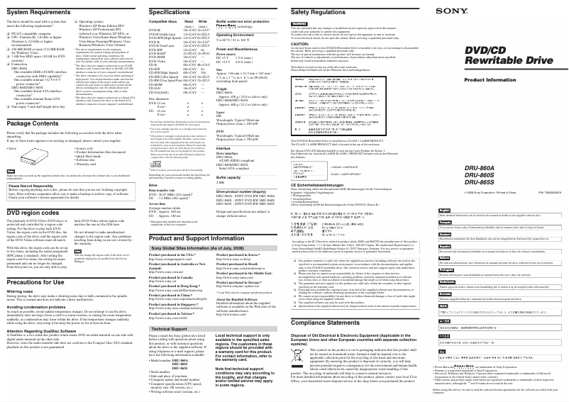 Page 1 de la notice Manuel utilisateur Sony Optiarc DRU-860S