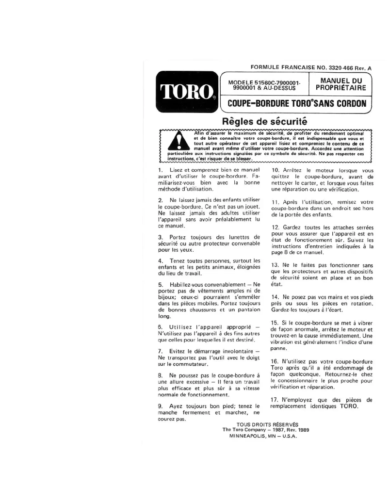 Page 1 de la notice Manuel utilisateur Toro 51560C