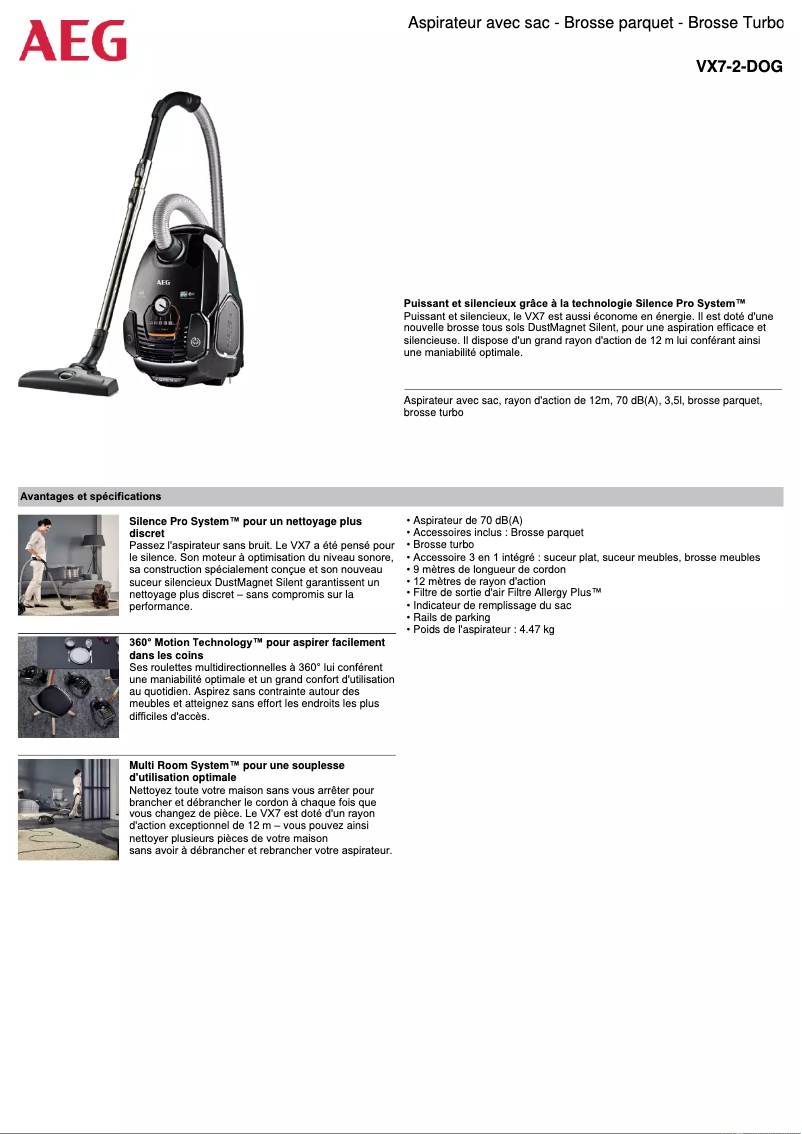 Page 1 de la notice Manuel utilisateur AEG VX7-2-DOG