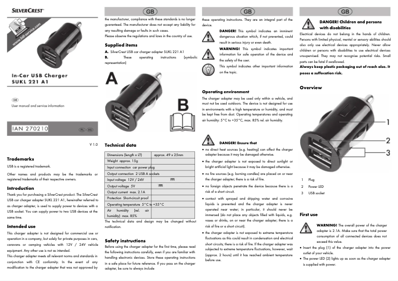 Page 1 of the manual User Manual SilverCrest SUKL 221 A1