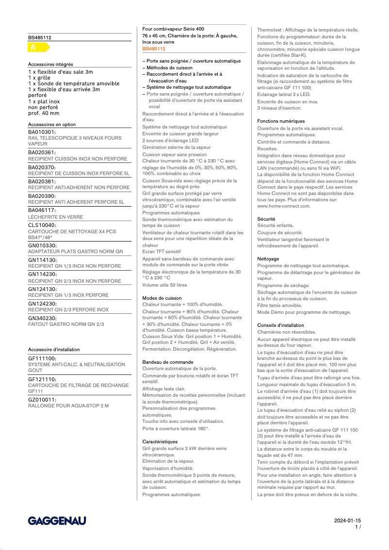 Page 1 de la notice Fiche technique Gaggenau BS485112