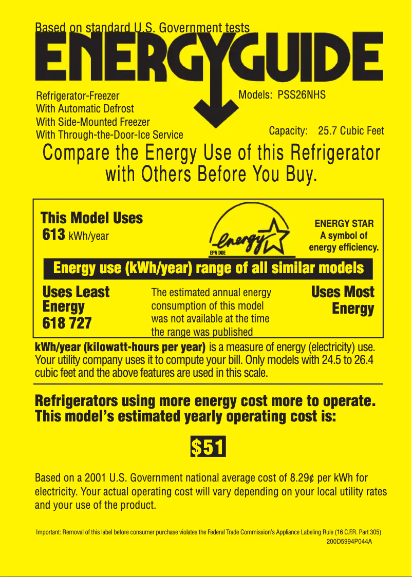 Page 1 de la notice Label énergétique GE Profile PSS26NHSWW