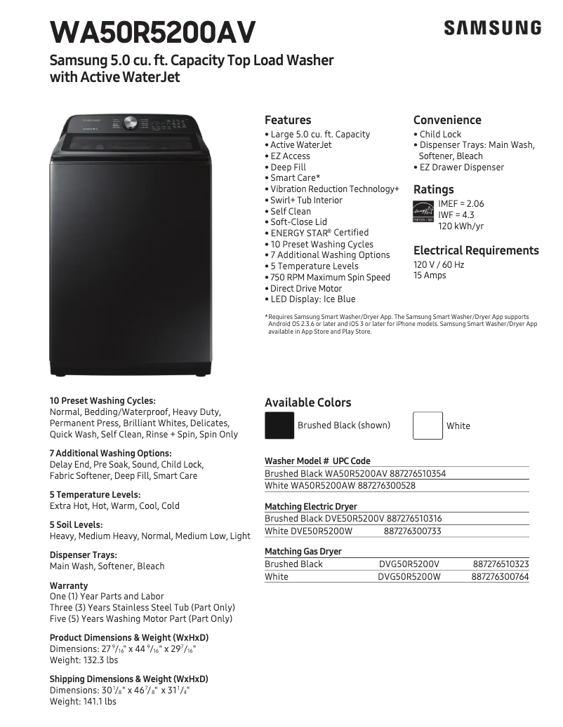 Página 1 del manual Ficha técnica Samsung WA50R5200AV