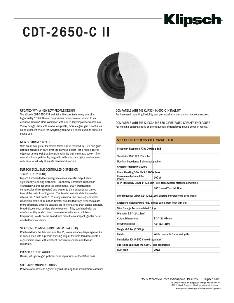 Page 1 de la notice Fiche technique Klipsch CDT-2650-C II