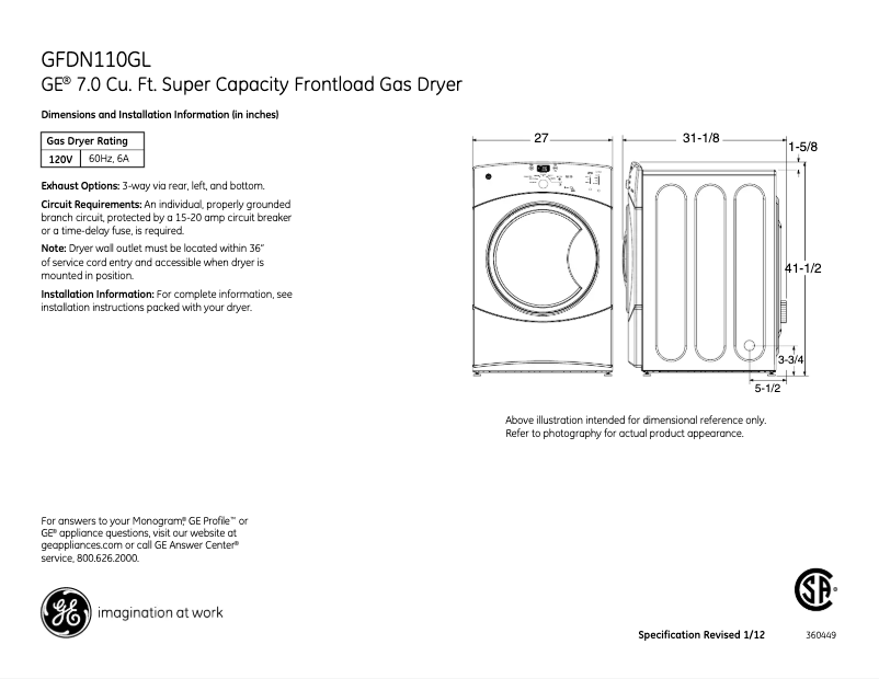 Página 1 del manual Ficha técnica GE GFDN110GLWW