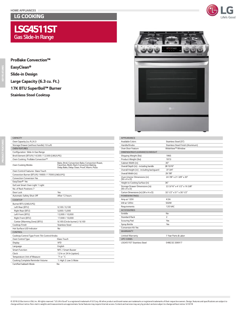 Page 1 de la notice Fiche technique LG LSG4511ST