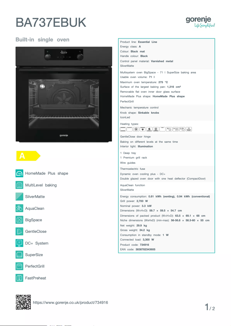 Página 1 del manual Ficha técnica Gorenje BA737EBUK