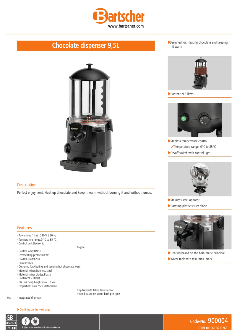 Página 1 del manual Ficha técnica Bartscher 900004