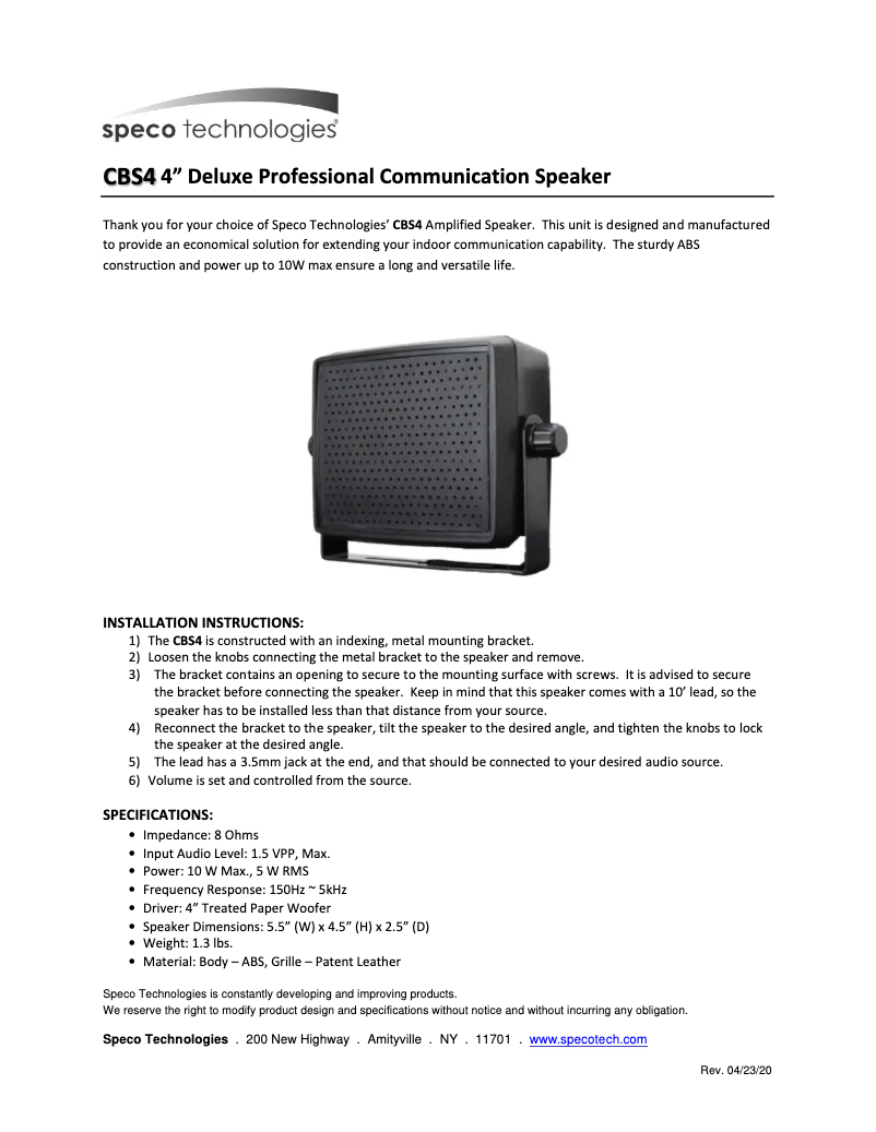 Page 1 de la notice Manuel utilisateur Speco Technologies CBS4