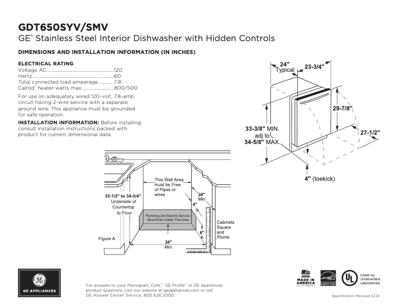 Page 1 of the manual Technical Sheet GE GDT650SYVFS