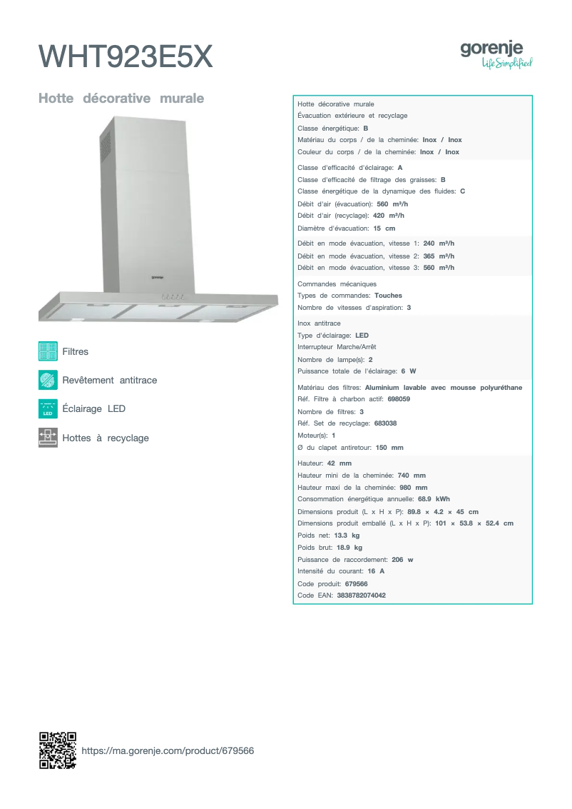 Página 1 del manual Ficha técnica Gorenje WHT923E5X