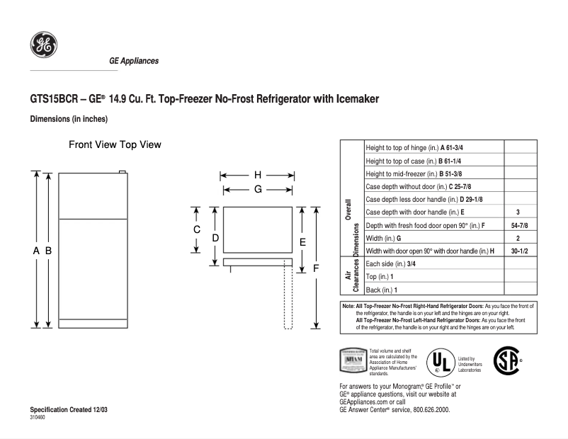Page n°1 - Fiche technique GE GTS15BCRRWW