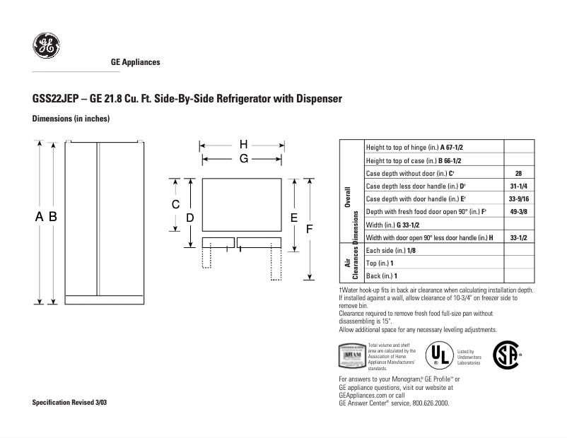 Page n°1 - Fiche technique GE GSS22JEPBB