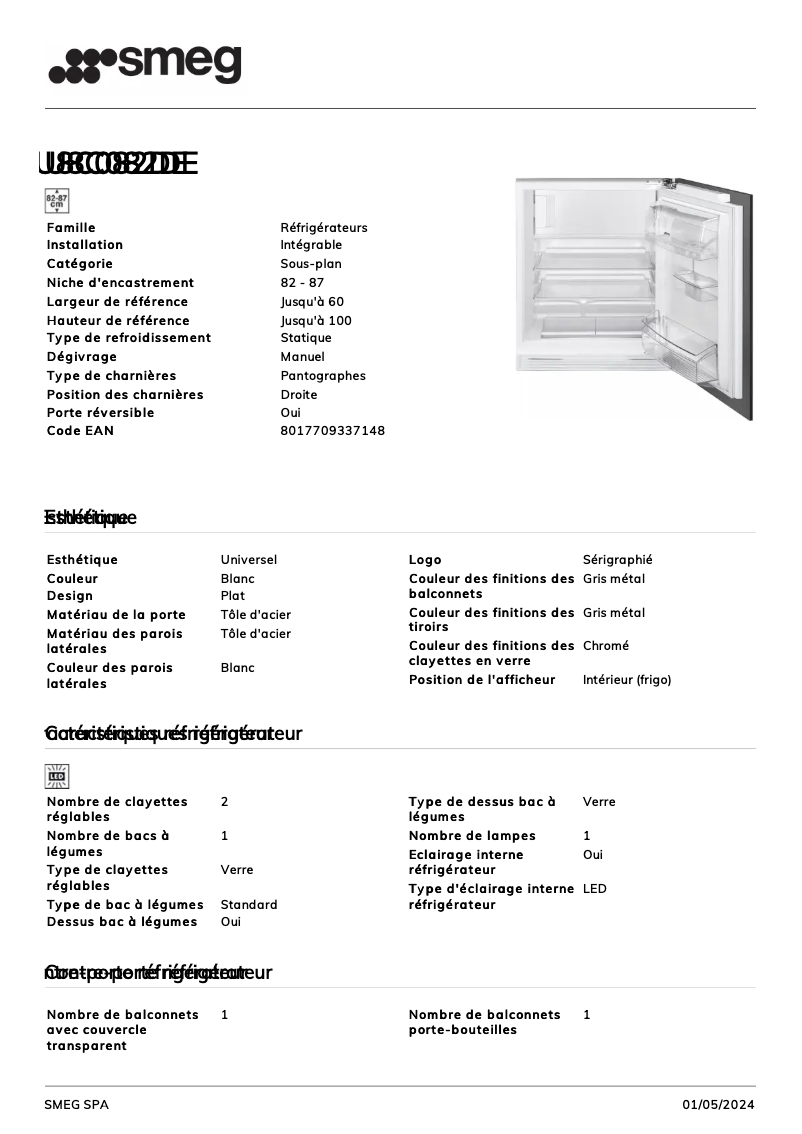 Página 1 del manual Ficha técnica Smeg U8C082DE