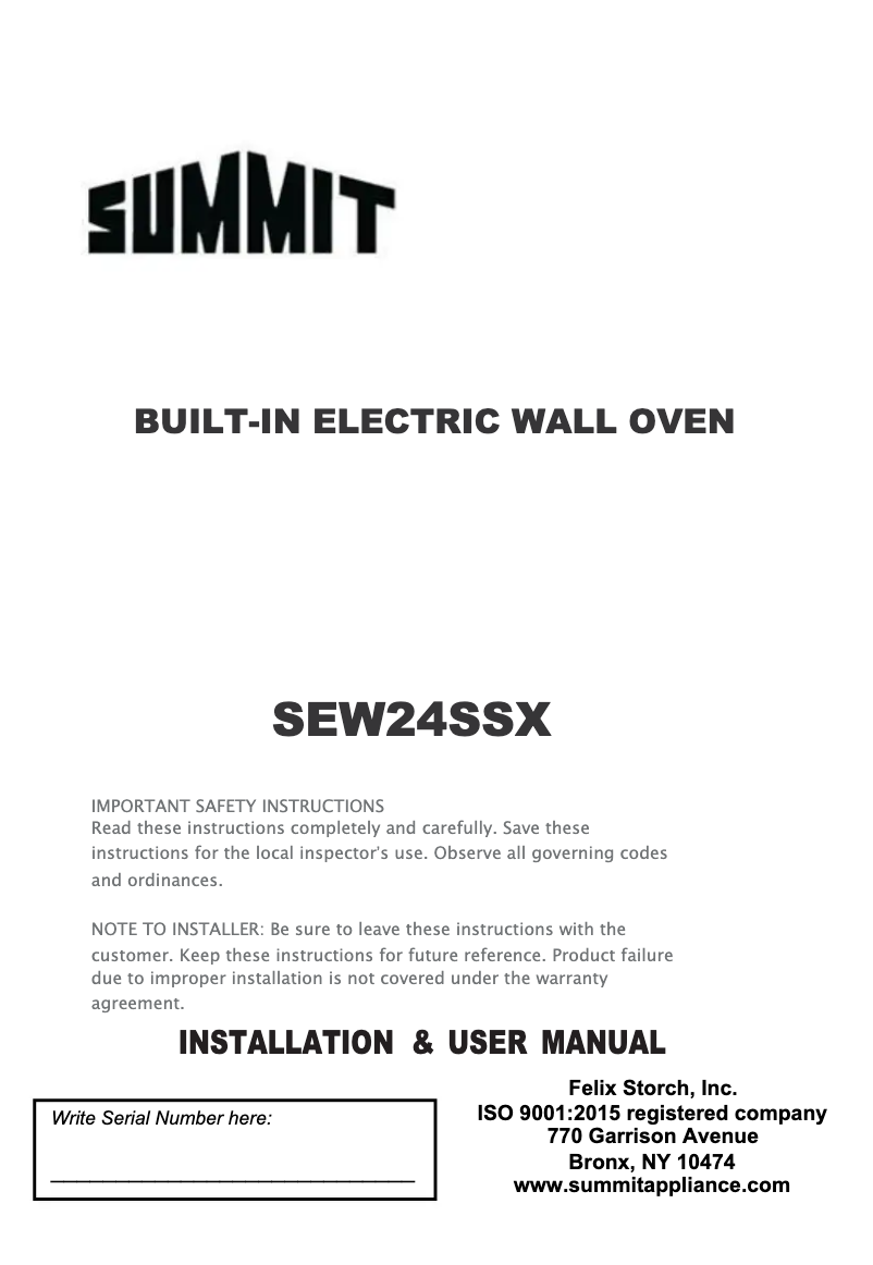 Page 1 de la notice Manuel utilisateur Summit SEW24SSX