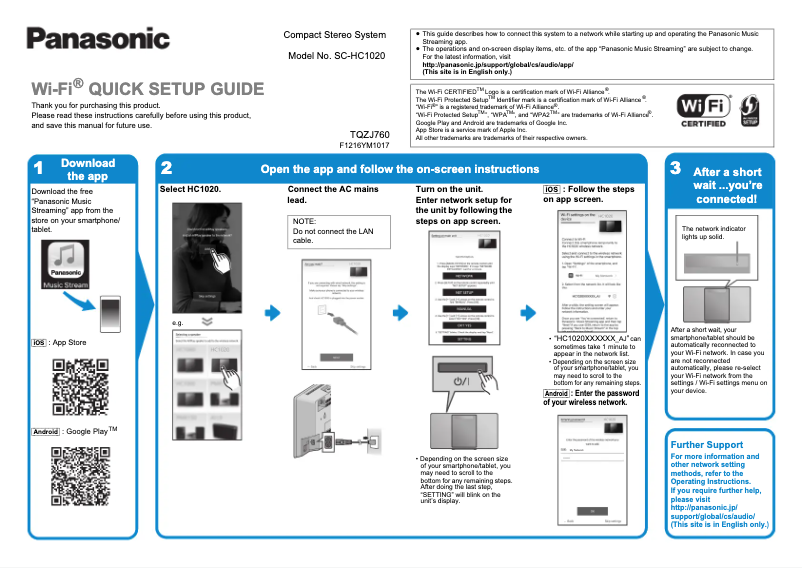 Page 1 de la notice Instructions / montage Panasonic SC-HC1020