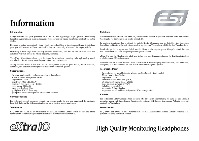Page 1 de la notice Manuel utilisateur ESI eXtra 10