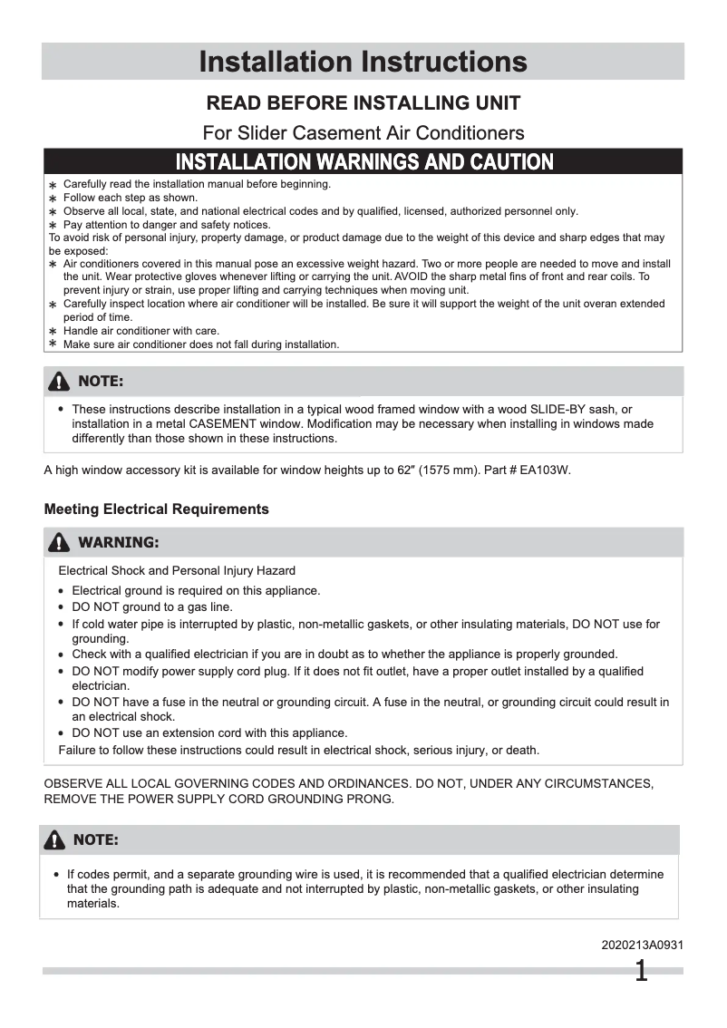 Page 1 de la notice Guide d'installation Frigidaire CRA103KT1