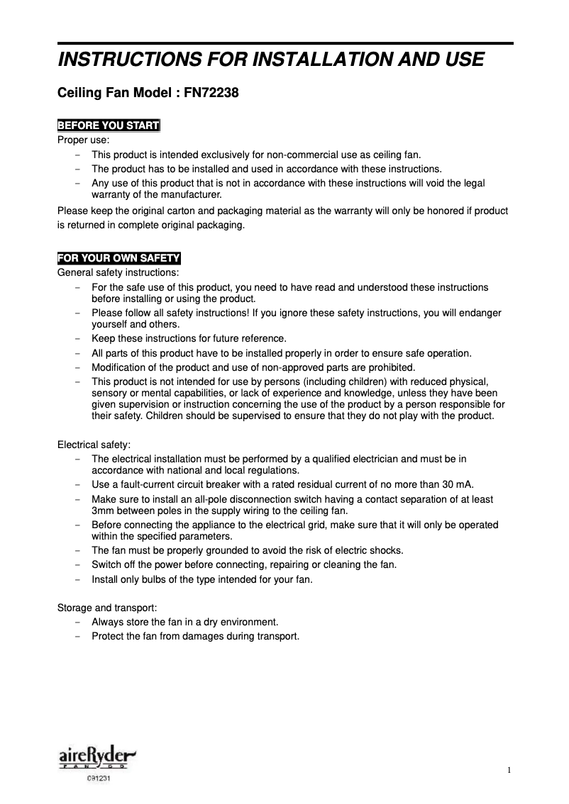 Page 1 of the manual User Manual AireRyder Saturn