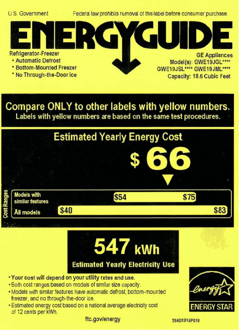 Page 1 de la notice Label énergétique GE GWE19JSLSS