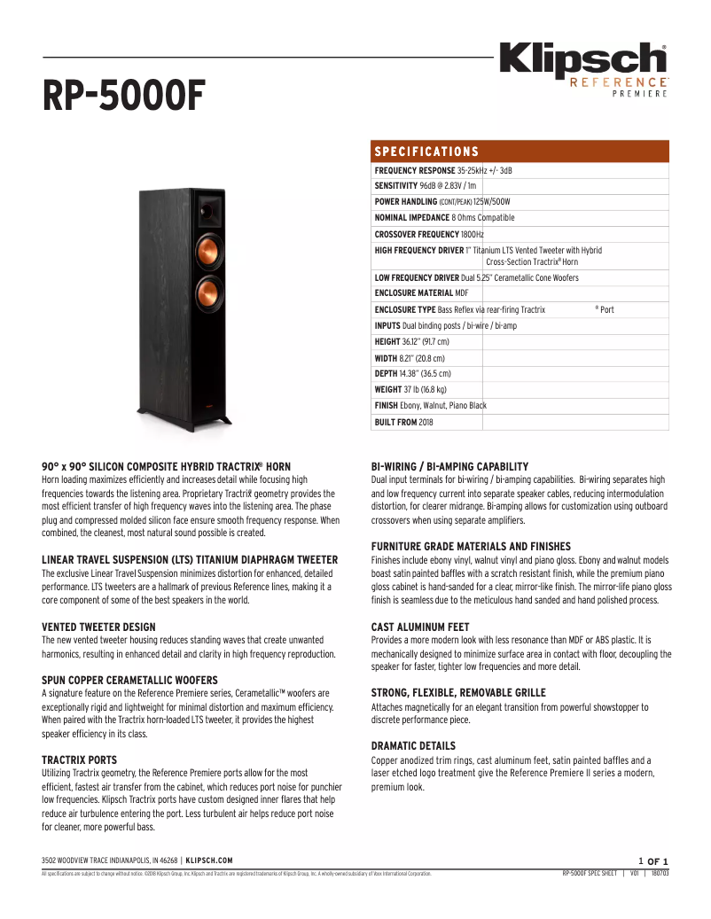 Page 1 de la notice Fiche technique Klipsch Reference Premiere RP-5000F