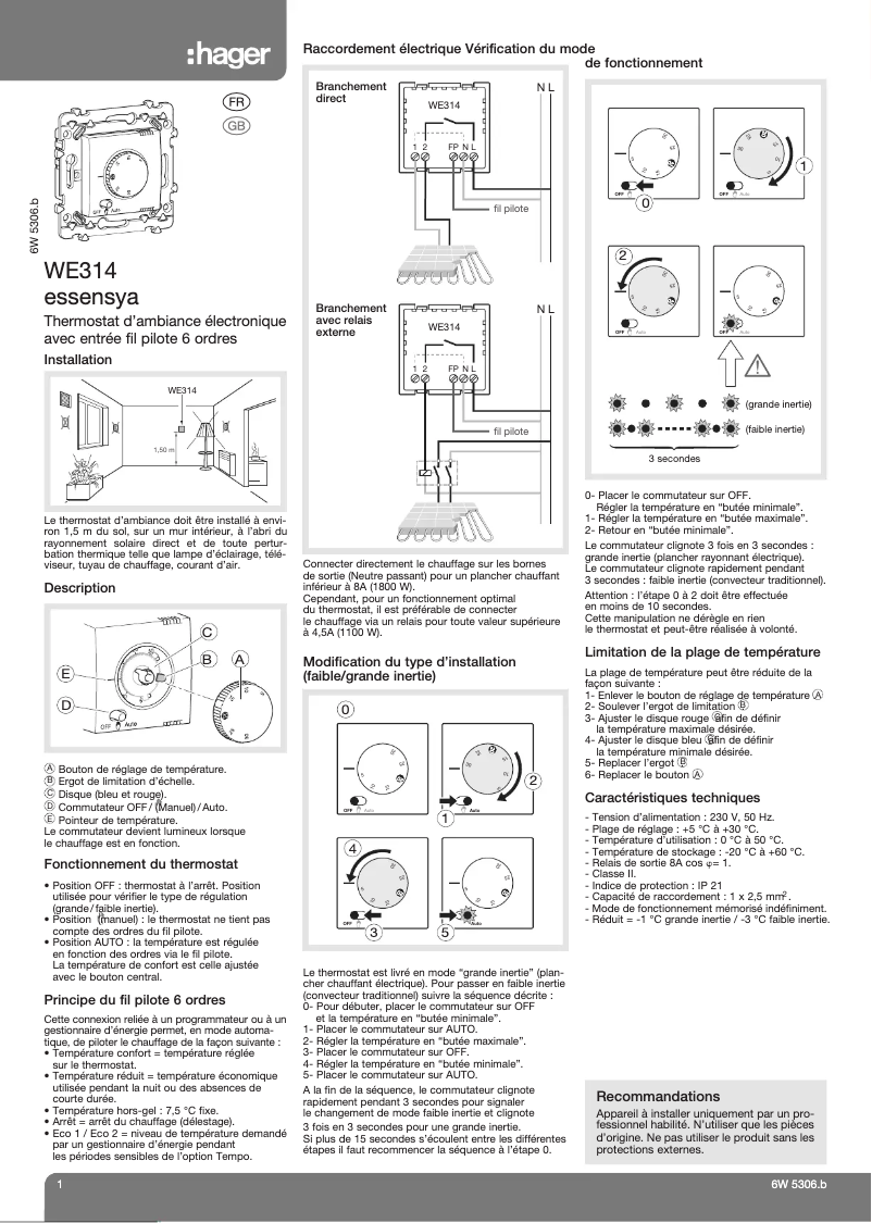 Page 1 de la notice Manuel utilisateur Hager WE314
