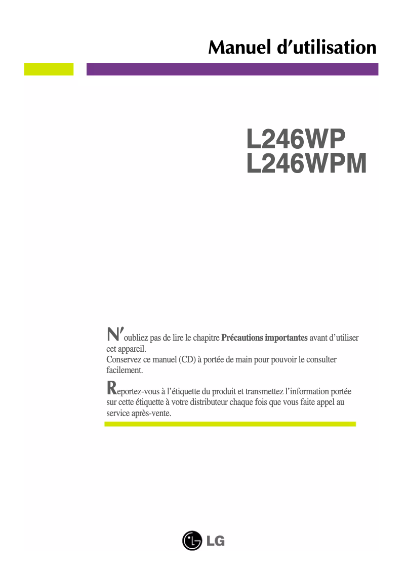 Page 1 de la notice Manuel utilisateur LG L246WP