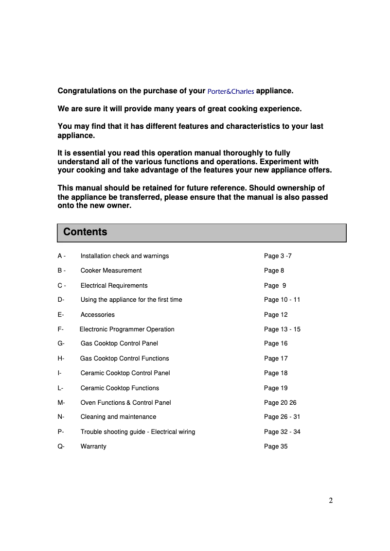 Page 1 de la notice Manuel utilisateur Porter & Charles FEG76B3