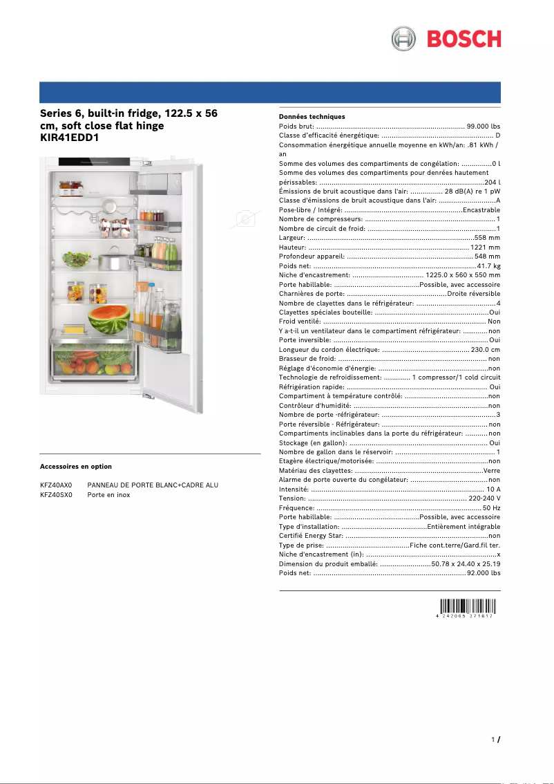 Page 1 de la notice Fiche technique Bosch KIR41EDD1