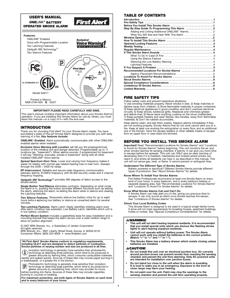 Page 1 de la notice Manuel utilisateur First Alert SA511CN2