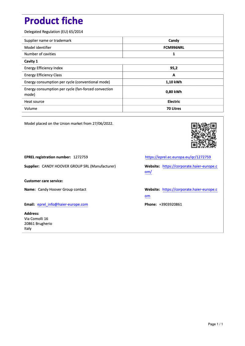 Page 1 of the manual User Manual Candy FCM996NRL