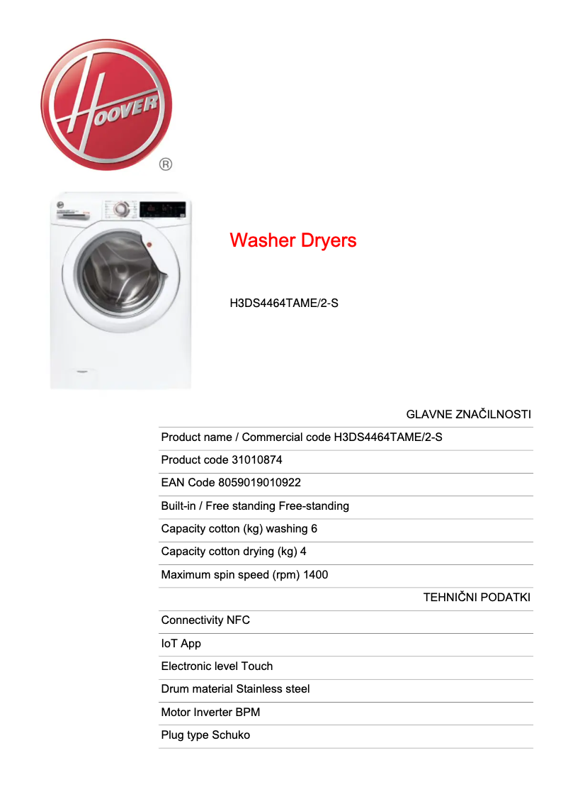 Página 1 del manual Ficha técnica Hoover H3DS4464TAME/2-S