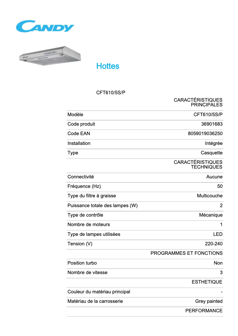 Page 1 de la notice Fiche technique Candy CFT610/5S/P