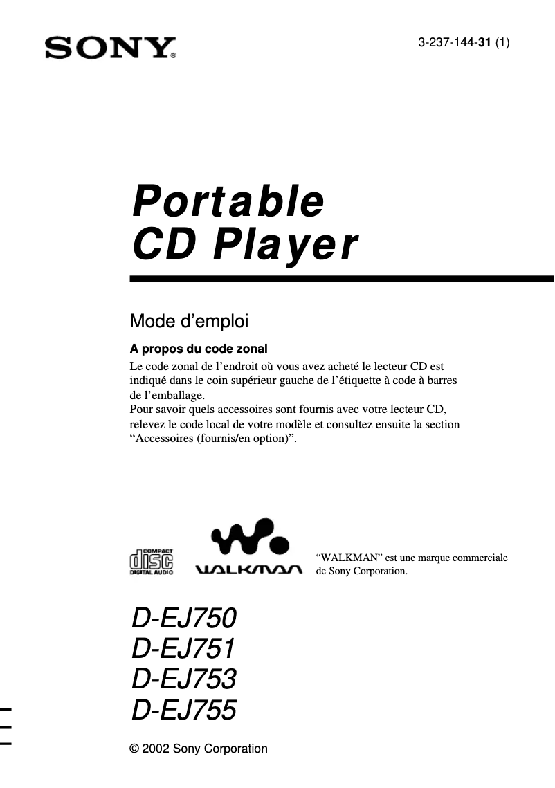 Page 1 de la notice Manuel utilisateur Sony Walkman D-EJ753