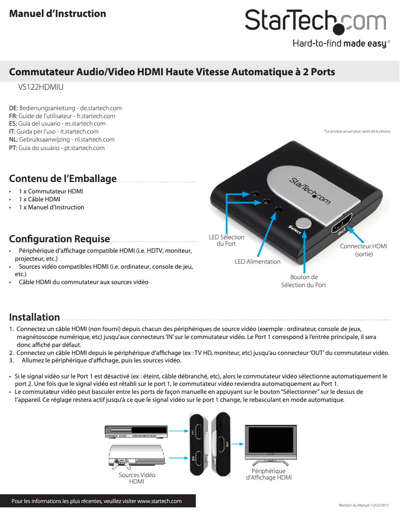 Page 1 de la notice Manuel utilisateur StarTech.com VS122HDMIU