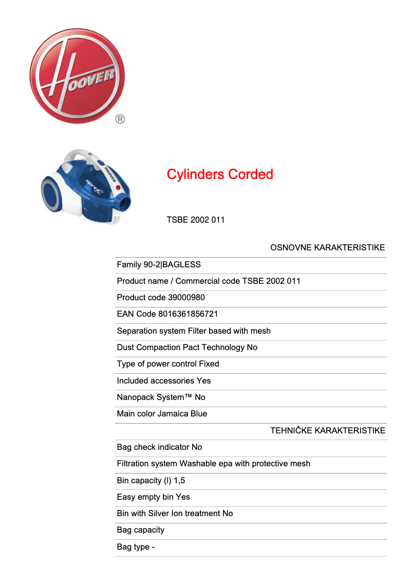 Página 1 del manual Ficha técnica Hoover TSBE 2002 011