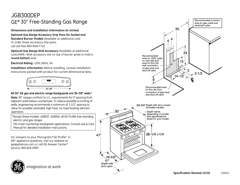 Page 1 of the manual Technical Sheet GE JGB300DEPWW