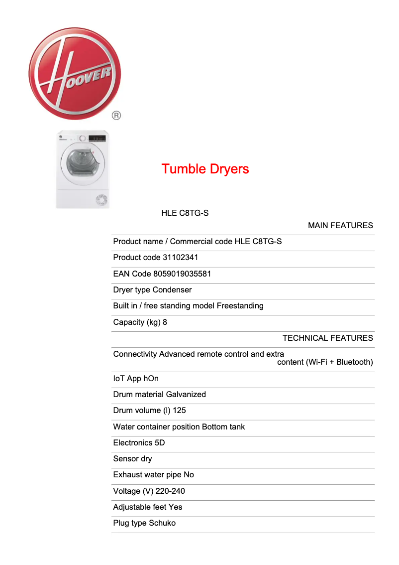 Page 1 de la notice Fiche technique Hoover HLE C8TG-S