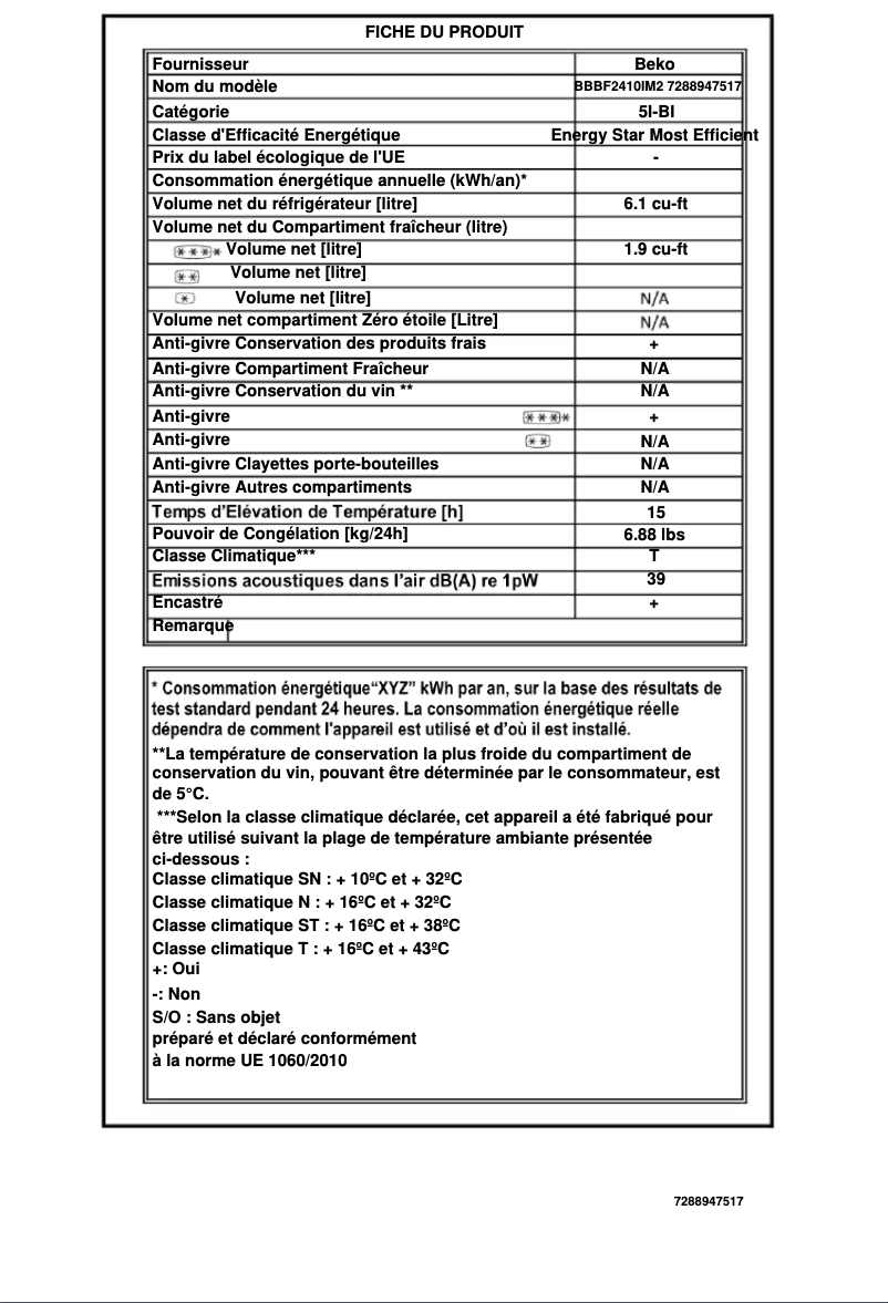 Page 1 de la notice Fiche technique Beko BBBF2410IM2