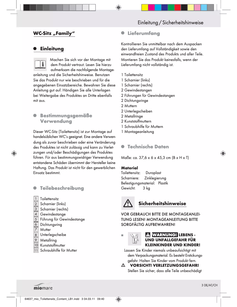 Page 1 de la notice Manuel utilisateur Miomare Family IAN 64637